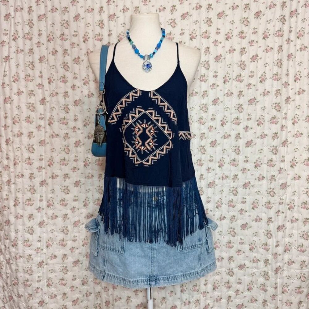 Navy Blue Boho Fringe Top Women’s Medium Festival Boho 2016 Style